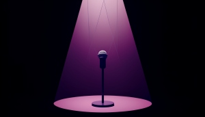 A single microphone on a spotlit stage with faint marionette strings descending toward it