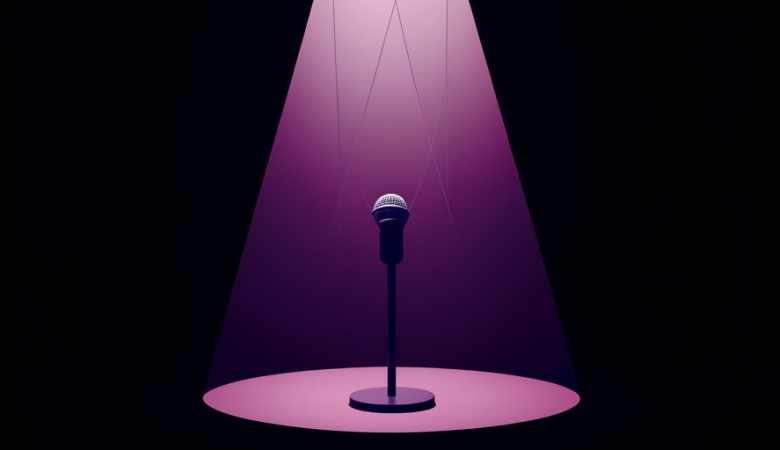 A single microphone on a spotlit stage with faint marionette strings descending toward it