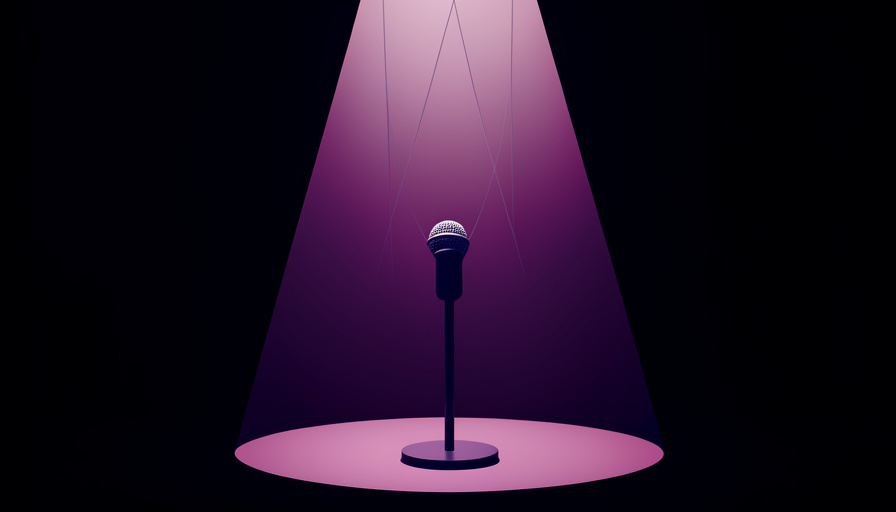 A single microphone on a spotlit stage with faint marionette strings descending toward it