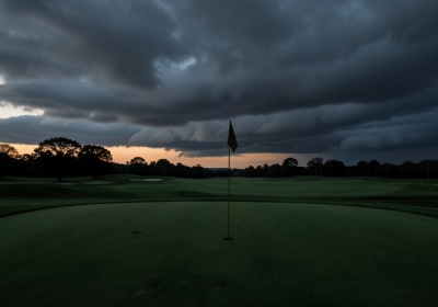 Empty golf course green with a plain flagstick under gathering storm clouds at dusk