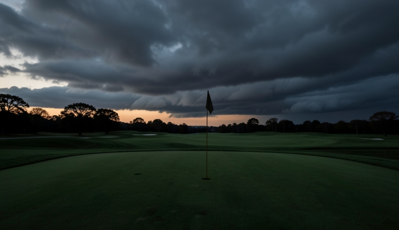 Empty golf course green with a plain flagstick under gathering storm clouds at dusk