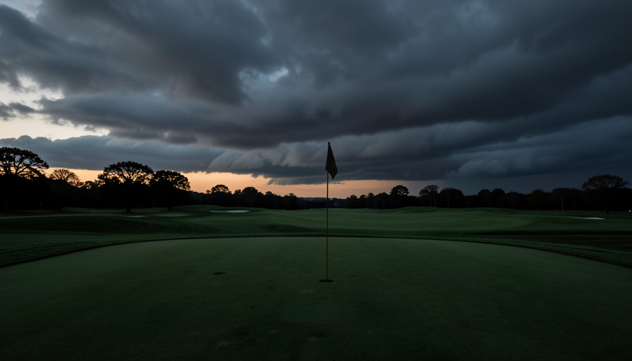 Empty golf course green with a plain flagstick under gathering storm clouds at dusk