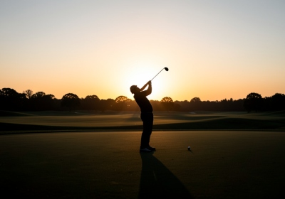 Lone golfer silhouette teeing off at dawn on an empty course