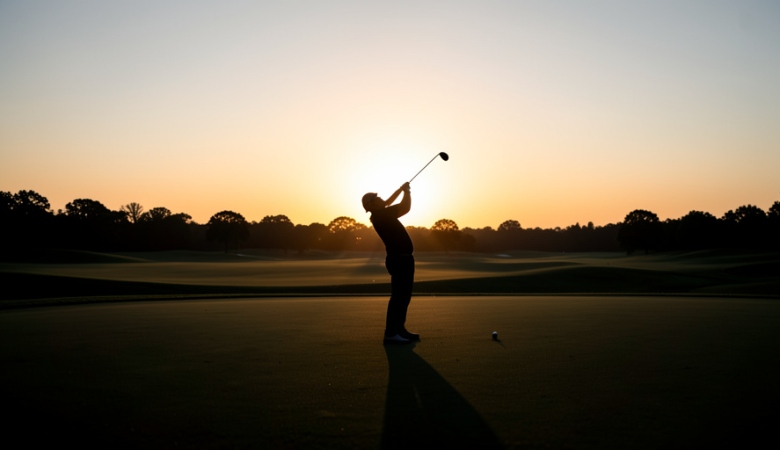 Lone golfer silhouette teeing off at dawn on an empty course