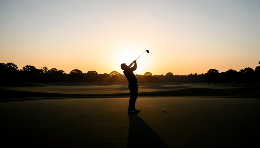 Lone golfer silhouette teeing off at dawn on an empty course