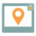 A minimalist illustration of a blank photo frame with a large orange map pin over it and a small padlock in the corner