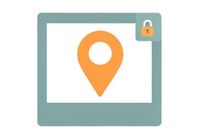 A minimalist illustration of a blank photo frame with a large orange map pin over it and a small padlock in the corner