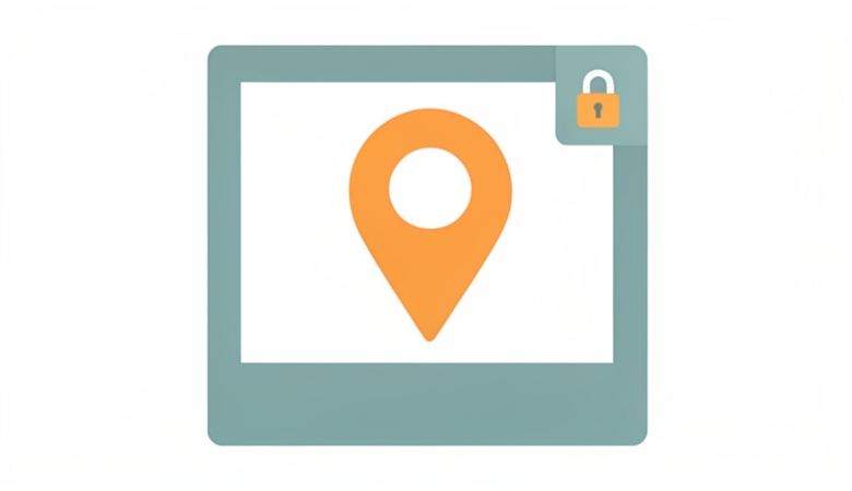A minimalist illustration of a blank photo frame with a large orange map pin over it and a small padlock in the corner