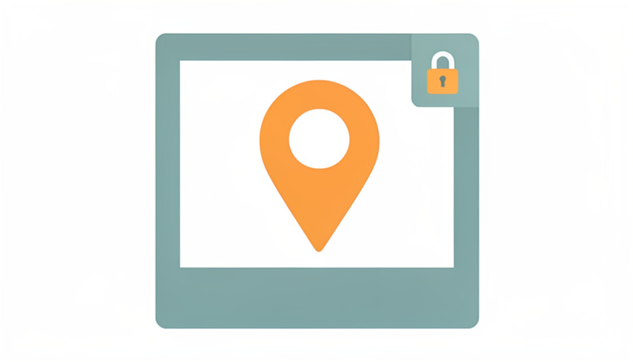 A minimalist illustration of a blank photo frame with a large orange map pin over it and a small padlock in the corner