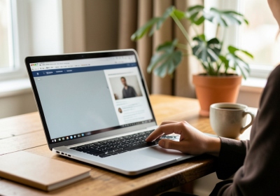 A blogger writing a newsletter on a laptop at a home desk with a coffee cup nearby