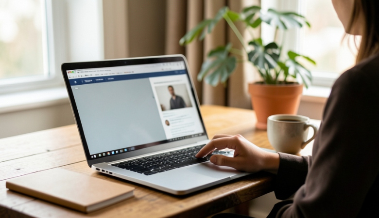 A blogger writing a newsletter on a laptop at a home desk with a coffee cup nearby