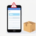 A smartphone showing an online marketplace listing beside a cardboard parcel with a red warning triangle