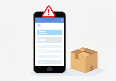 A smartphone showing an online marketplace listing beside a cardboard parcel with a red warning triangle