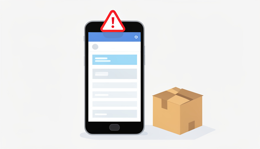 A smartphone showing an online marketplace listing beside a cardboard parcel with a red warning triangle