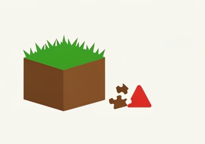 A green grass-topped cube block beside a broken jigsaw puzzle piece and a red warning triangle