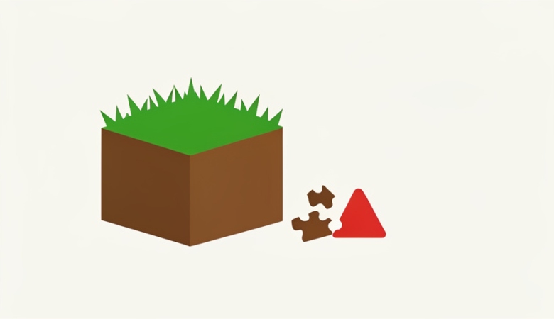 A green grass-topped cube block beside a broken jigsaw puzzle piece and a red warning triangle