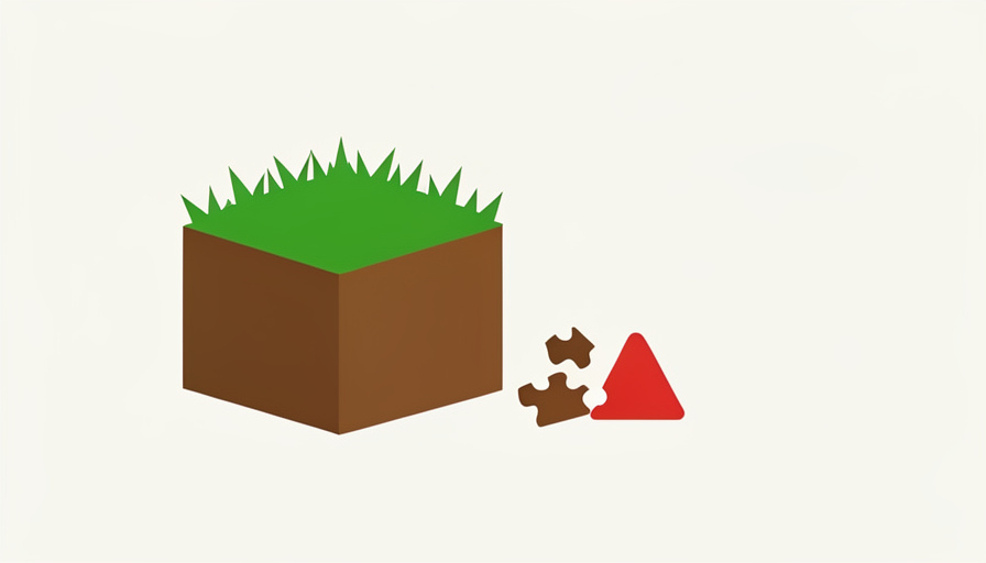 A green grass-topped cube block beside a broken jigsaw puzzle piece and a red warning triangle