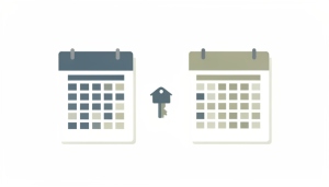 A minimalist illustration of a short calendar and a twelve-month calendar with a house key between them