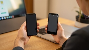 A person holding a new smartphone next to an older phone, setting up security codes at a desk
