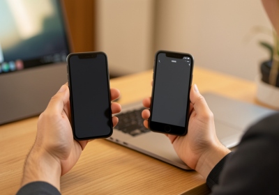A person holding a new smartphone next to an older phone, setting up security codes at a desk