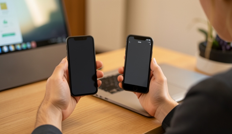 A person holding a new smartphone next to an older phone, setting up security codes at a desk
