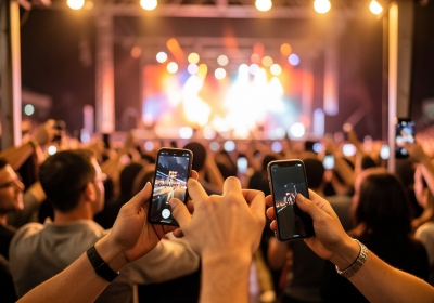 Concertgoers holding up phones at a venue entrance with stage lights glowing in the background