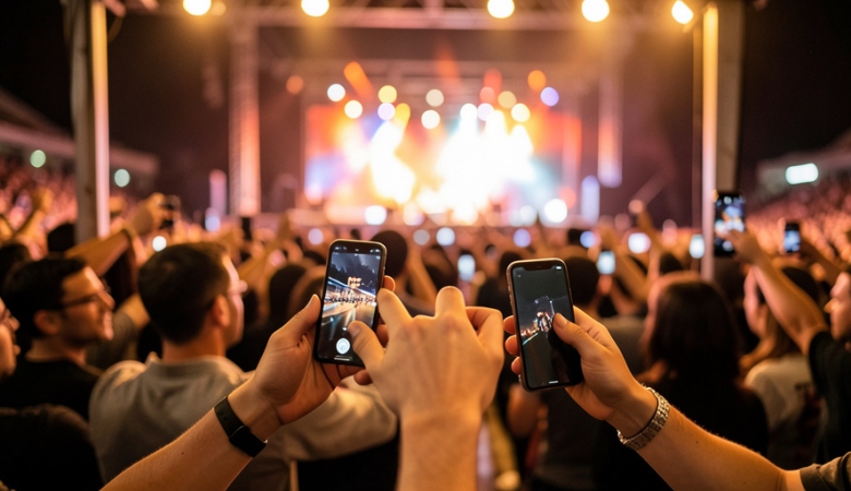 Concertgoers holding up phones at a venue entrance with stage lights glowing in the background