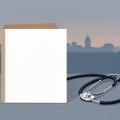 A health-record folder and stethoscope on a table with a distant city skyline silhouette at dawn
