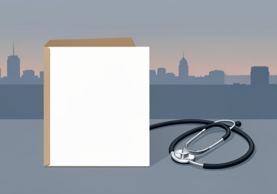 A health-record folder and stethoscope on a table with a distant city skyline silhouette at dawn