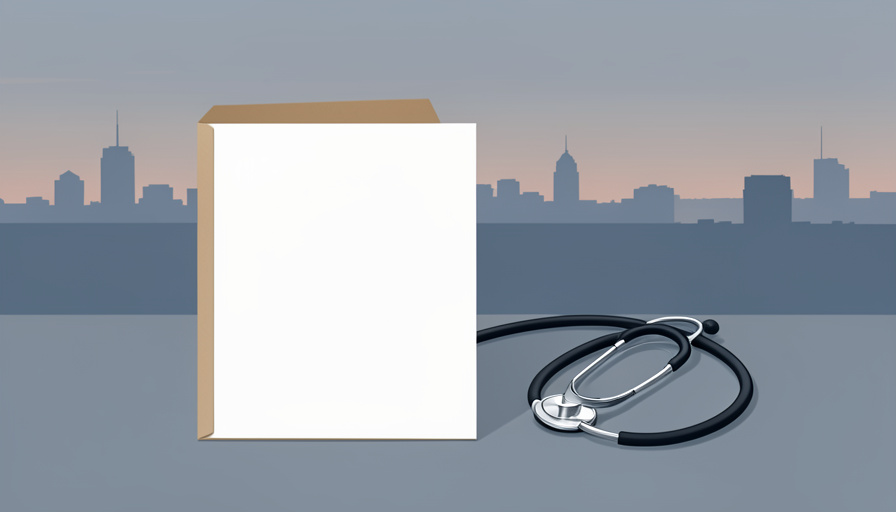 A health-record folder and stethoscope on a table with a distant city skyline silhouette at dawn