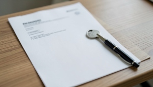 A car title document and a pen on a desk beside a vehicle key, ready for a private sale correction