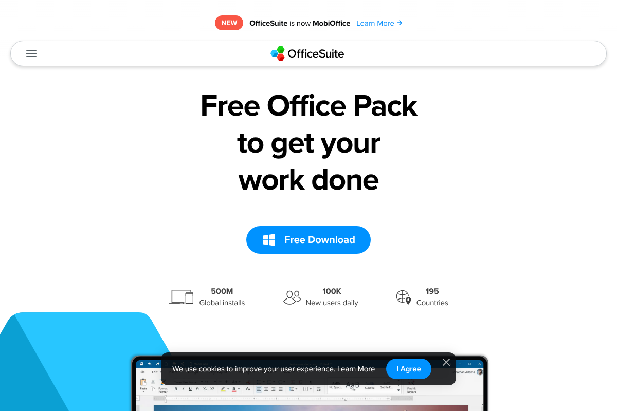 OfficeSuite homepage advertising a free office pack, now rebranding to MobiOffice