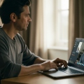 A person on a video call on a laptop at home during an online coaching session
