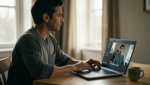 A person on a video call on a laptop at home during an online coaching session