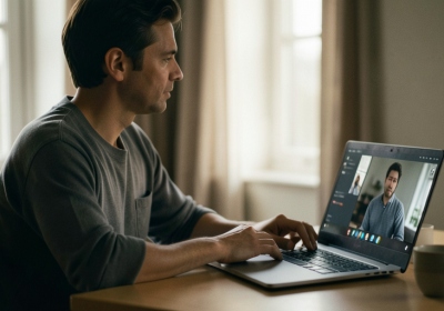 A person on a video call on a laptop at home during an online coaching session