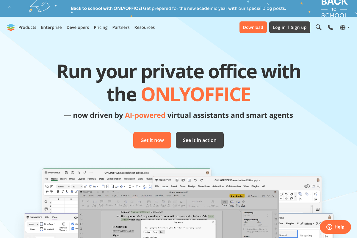ONLYOFFICE homepage showing its document, spreadsheet, and presentation editors