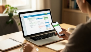 A person reviewing an employee benefits enrollment summary on a laptop at a desk