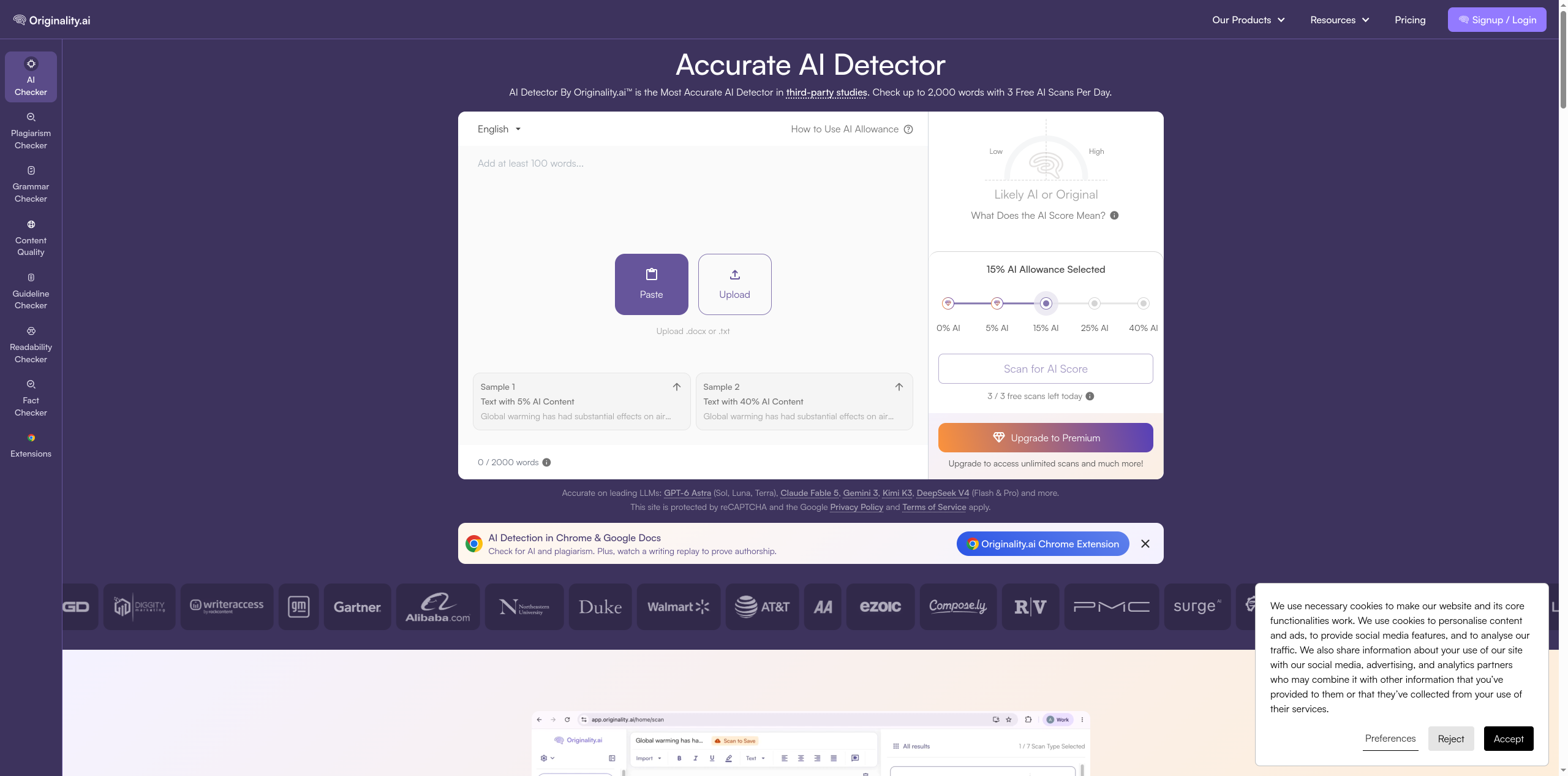 Originality.ai AI and plagiarism checker homepage