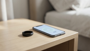 A smart ring resting on a nightstand beside a phone showing a recovery score dashboard