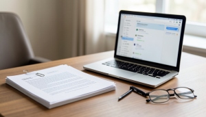 A parent reviewing a printed communication log and a laptop at a desk, preparing records for court