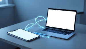 A phone, tablet, and laptop on a desk representing account sync across devices