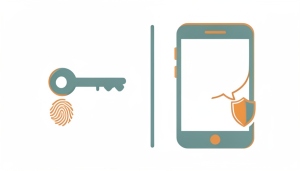 A minimalist illustration comparing a key with a fingerprint to a phone showing a blank message bubble and a shield