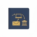 A minimalist illustration of a passport booklet with arrows pointing to a laptop, an envelope, and a government building