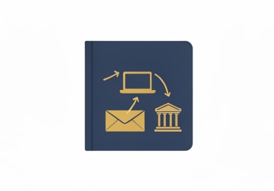 A minimalist illustration of a passport booklet with arrows pointing to a laptop, an envelope, and a government building