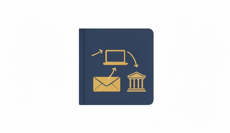 A minimalist illustration of a passport booklet with arrows pointing to a laptop, an envelope, and a government building