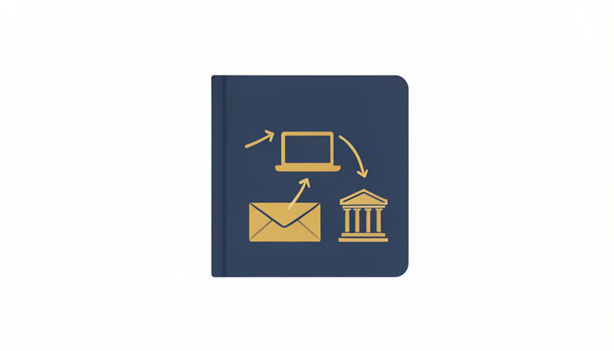 A minimalist illustration of a passport booklet with arrows pointing to a laptop, an envelope, and a government building