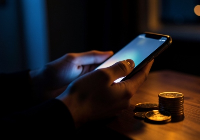 A person messaging on a phone at night with a coin-credit balance concept, suggesting a paid-chat dating trap