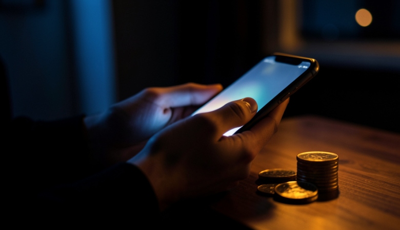 A person messaging on a phone at night with a coin-credit balance concept, suggesting a paid-chat dating trap