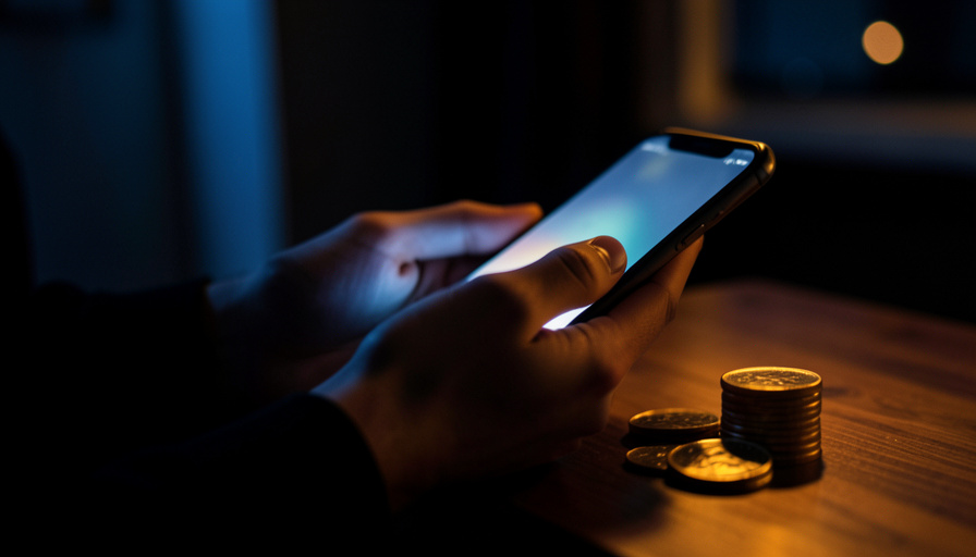 A person messaging on a phone at night with a coin-credit balance concept, suggesting a paid-chat dating trap