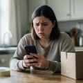 A person looking warily at a smartphone showing a suspicious payment notification while sitting at a table